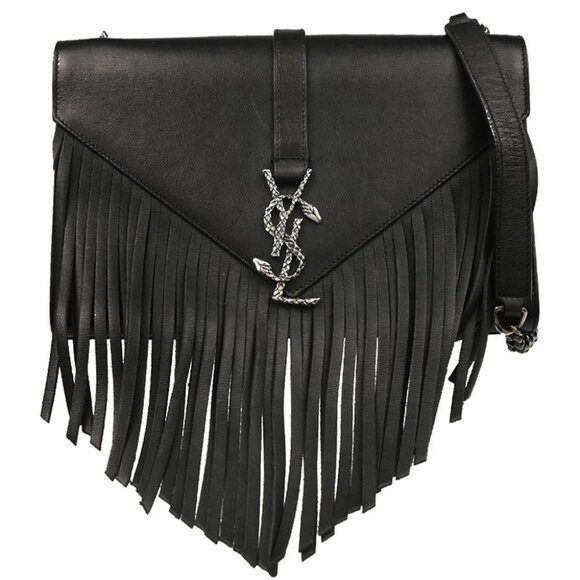 Saint Laurent Black Leather Fringe Chain Shoulder Bag FLY418336-0915 186222 - Picture 1 of 10